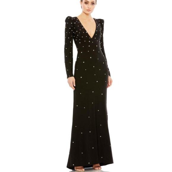 Mac Duggal 55797 Rhinestone Encrusted Long Sleeve V-Neck Black Gown Maxi - Picture 1 of 4